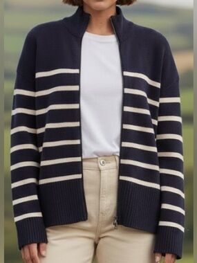 Navy & White Striped Classic Nautical Style Full Zip Cardigan Size Small NWT